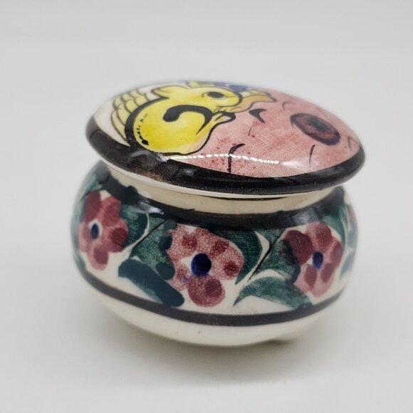 Mexican Hand Painted Ceramic Trinket Box With Floral & Rabbit 3" Diameter - Picture 6 of 8